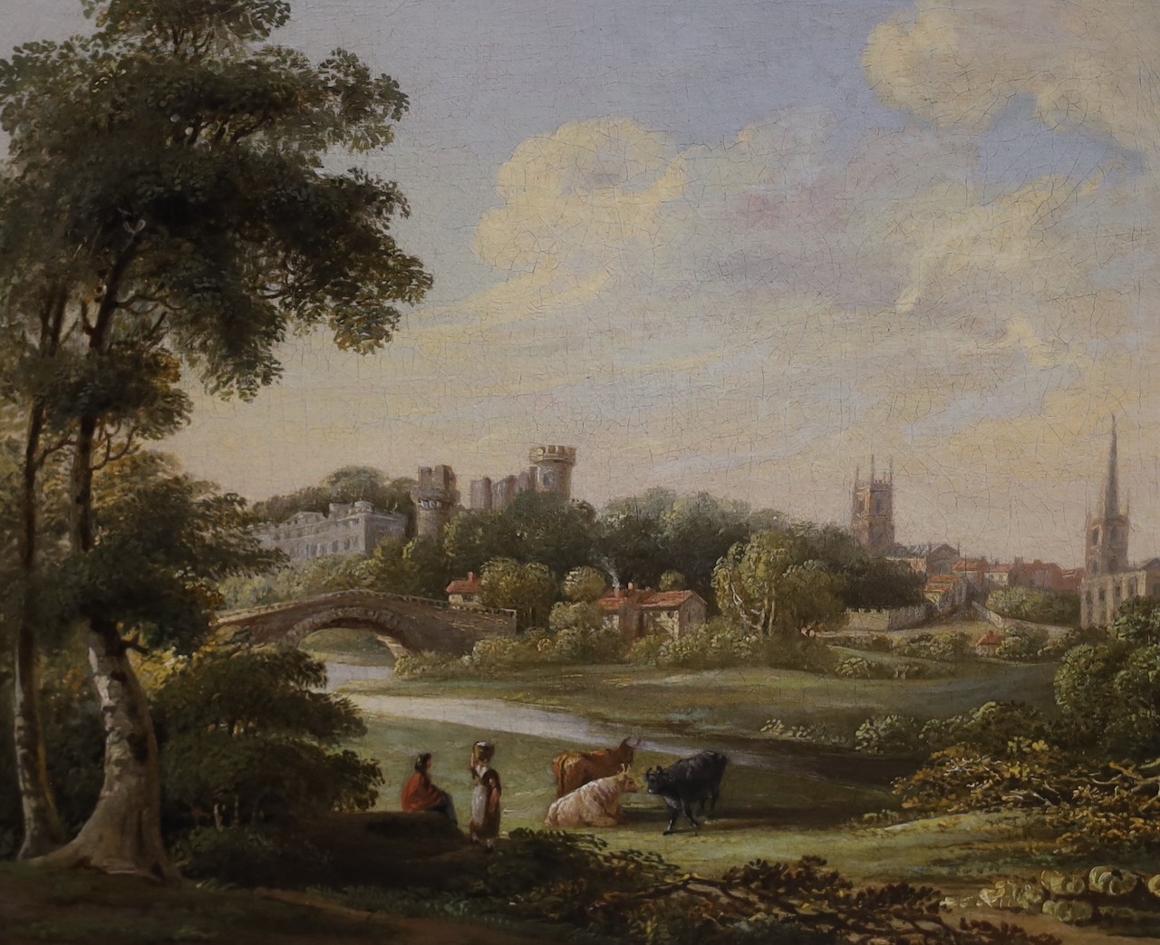 19th century English School, oil on canvas, Cattle drover in a landscape with castle beyond, 24 x 30cm